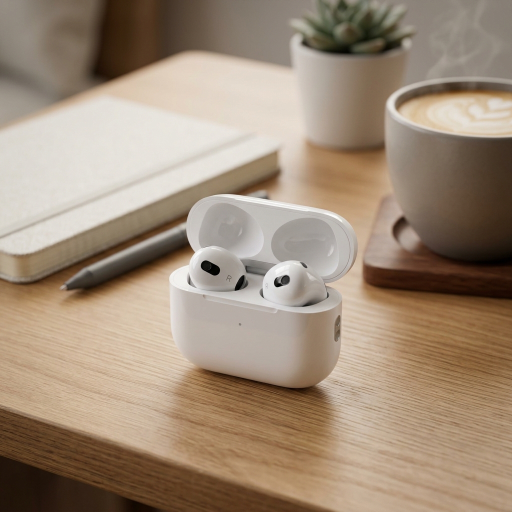 Apple AirPods 4 on a minimalist desk setup