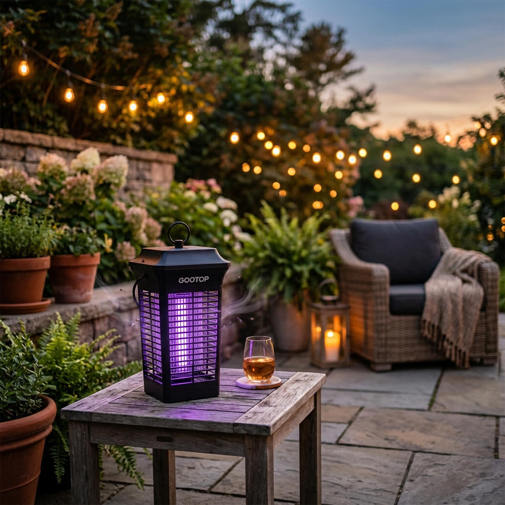 GOOTOP Bug Zapper glowing with purple UV light on a beautiful patio at dusk