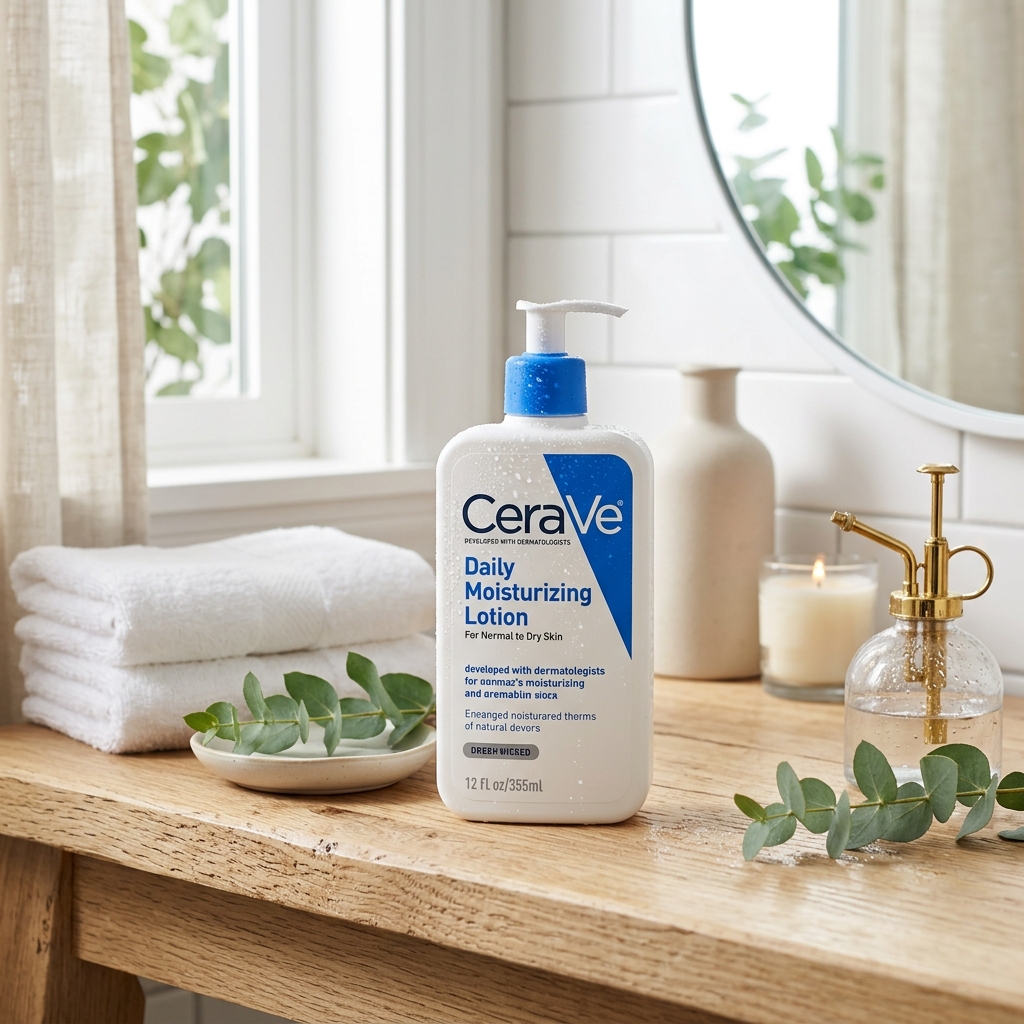 CeraVe moisturizing lotion in spa-like bathroom setting