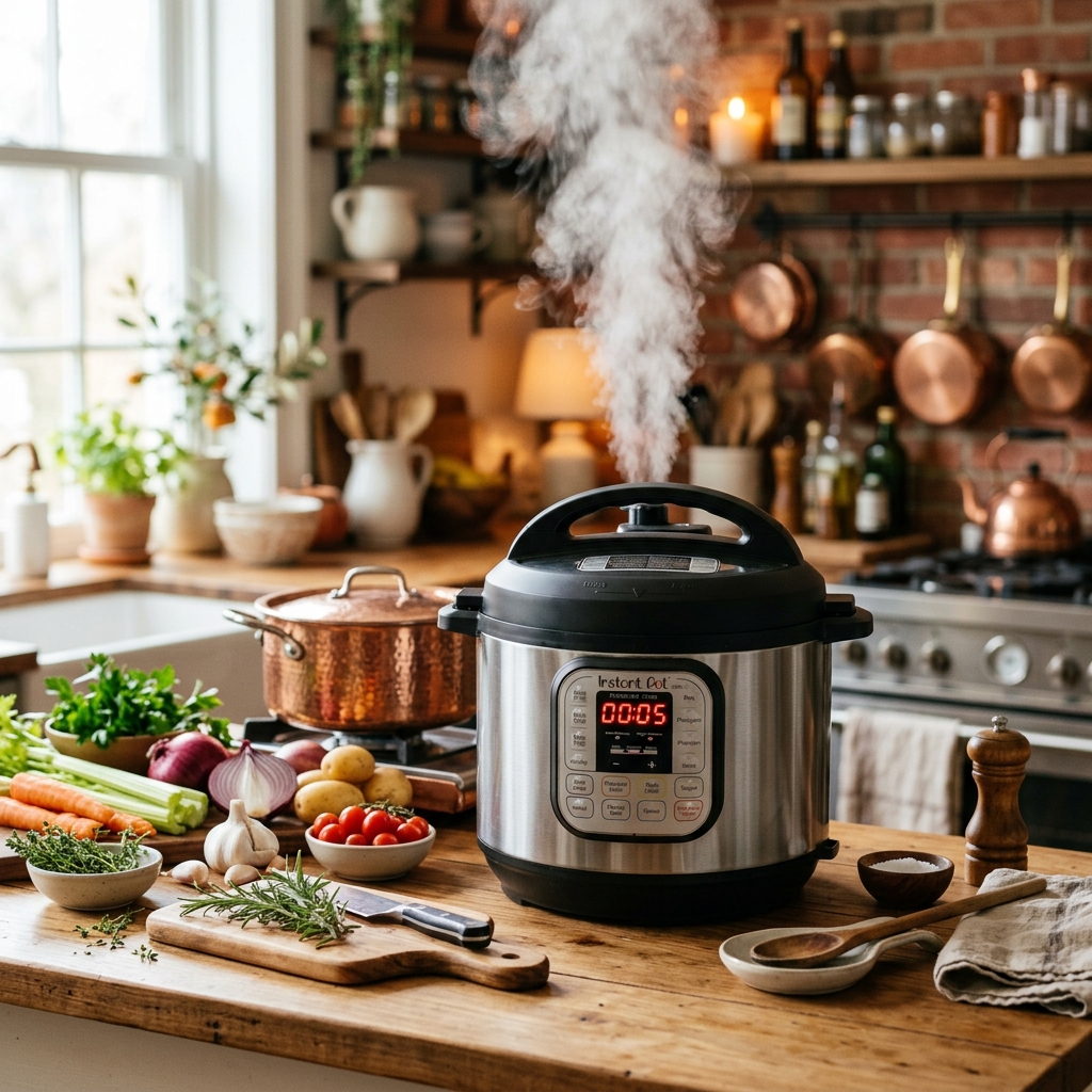 Instant Pot on warm wooden kitchen countertop with fresh vegetables