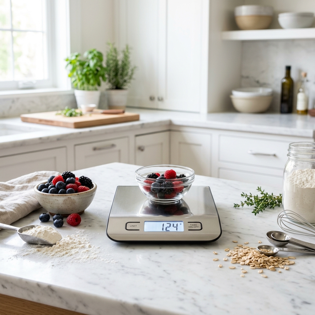 Digital kitchen scale on white marble with fresh ingredients