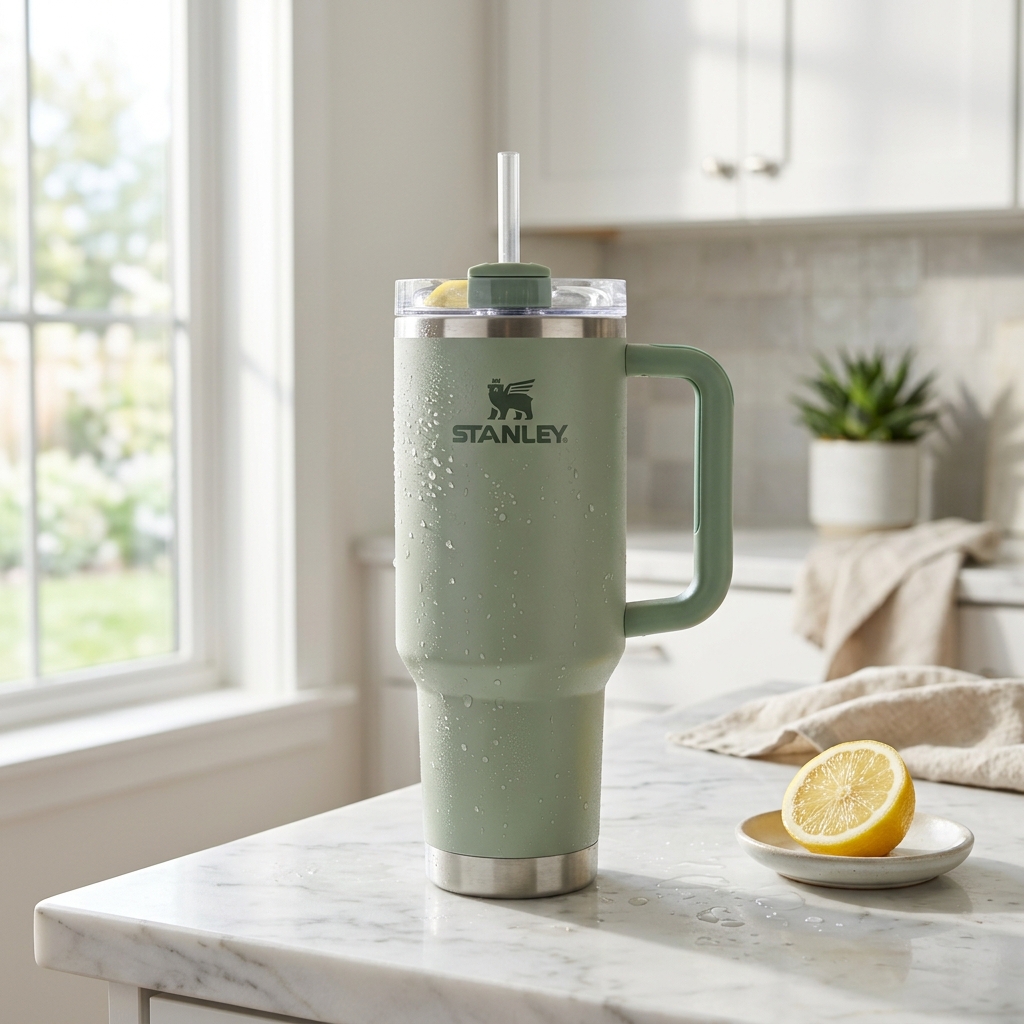 Stanley Quencher tumbler on marble countertop with morning light